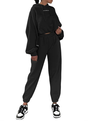 Herseas 2 Piece Lounge Set Outfits for Women 2024 Fall Hooded Long Sleeve Sweatsuits with Jogger Sweatpants Lounge Set Black with Logo Large Mimarta