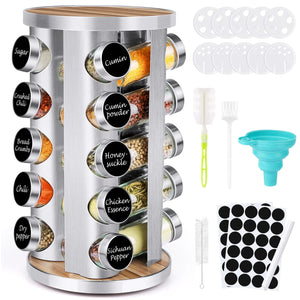 Spice Rack Organizer with Jars for Cabinet (20Pcs) Revolving/Rotating Seasoning Organizer Stainless Steel/Wooden Countertop Rack Tower Organizer for Kitchen Pantry with Reusable Labels/Funnel/Brushes Mimarta