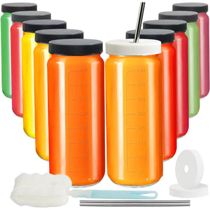 Ruckae 16oz 10 Pack Juice Bottles Glass Bottles with Lids Smoothie Cup Lids and Straws Water Bottle Mason Jar Drinking Glasses for Juicing Smoothies Kombucha Rieworkes