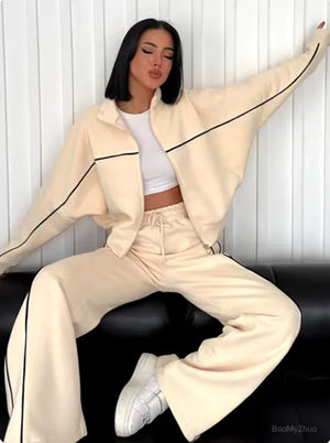Women's Long Sleeve Half-Turtleneck Cardigan & Trousers Set Rieworkes