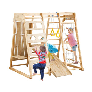 Toddler Indoor Wooden Gym 8-in-1 Indoor Playground Climbing Playset Rieworkes