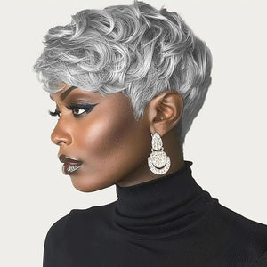 MUJGOO Pixie Grey Wigs for Black Women Short Wigs for Black Women Short Curly Wigs Pixie Cut Wigs with Bangs for Black Women Pixie Short Grey Wig for Black Women(Grey Mixd Black) Rieworkes