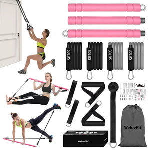 Multifunctional Portable Stackable Pilates Bar Kit with Resistance Bands Door Anchor for Resistance Bands-Home Gym Equipment with Handles - Pilates Flexbands Supports Full-Body Workouts for Yoga Pink Mimarta