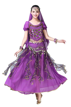 ORIDOOR Women Belly Dance Dress Indian Bollywood Halloween Costume Chiffon Skirts Shiny Belly Dance Suits 5-Piece Outfit 004 Purple One Size Mimarta