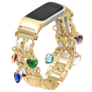 C&L Accessories Compatible with Fitbit Charge 6 Bands/Fitbit Charge 5 Bands for Women Metal Leather Bracelet Adjustable Replacement Bands Bangle Band with Charms (Gold/White/Hearts) Mimarta
