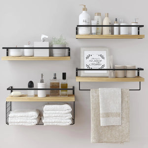 LUDORU Wood Floating Shelves Wall Mounted - 4+1 Tier Rustic Bathroom Wall Shelves Over Toilet with Wire Storage Basket and Towel Bar Set of 4 Farmhouse Floating Shelf for Bathroom Kitchen Bedroom. Mimarta