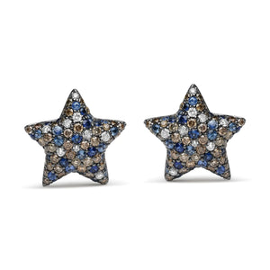Black Rhodium Plated 18K White Gold 1.00 Cttw Diamond and Round Blue Sapphire Gemstone Micro-Pave Star Stud Earrings (Brown and G-H Color, SI1-SI2 Clarity) Rieworkes