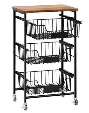 OKZEST 4-Tier Small Kitchen Storage Cart on Wheels Metal Fruit Basket Stand with Pull-Out Baskets & Wood Top for Potato Onion Produce Snack Veggies Mimarta