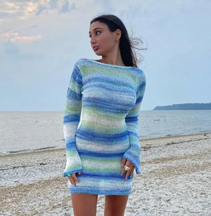 Striped Flare Sleeve Sweater Dress Rieworkes