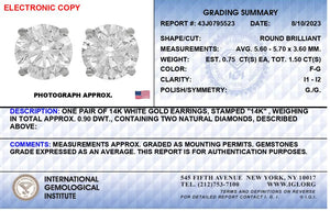 IGI Certified 14K White Gold 1 1/2 Cttw Round Diamond Solitaire Stud Earrings with Screwbacks (F-G Color, I1-I2 Clarity) Rieworkes