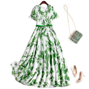 Women Summer Leaf Print Midi Dress Rieworkes