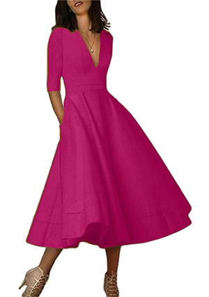 YMING Ladies 50s Vintage V Neck Cocktail Dress Plain Half Sleeve Party Cocktail Dress with Pockets Rose 3XL Mimarta