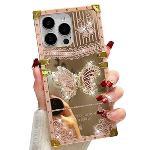 AuroiCYY for iPhone 15 Pro Max Butterfly Stand Case Glitter Bling Foldable Kickstand Woman Girly Mirror Back Golden Plated Shockproof Protective Elegant Cute Soft Cover for iPhone 15 Pro Max (Pink) Mimarta