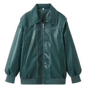 Loose Fashion Lapel Zip-up Jacket Cool Long Sleeve Zipper Closure Moto Biker Leather Jacket Women's Clothing Rieworkes