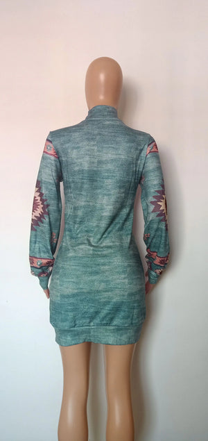 Bohemian Print Mini Dress for Women - Long Sleeve, Skinny Fit, Casual, for Autumn and Winter Rieworkes
