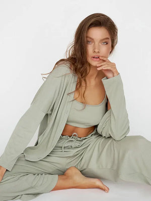 Ribbed Drop Sleeves Sleepwear Women Set Rieworkes