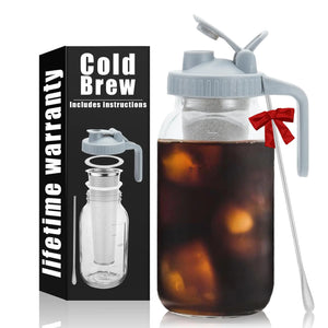 Cold Brew Coffee Maker Pitcher - 64oz Iced Coffee Maker with Stainless Steel Mixing Spoon & Super Dense Filter 3 Steps Finish Classic BPA Free Sturdy Mason jar Pitcher with Gray Lid Easy to Clean Mimarta