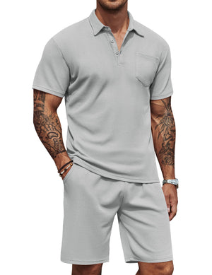 COOFANDY Mens Waffle Knit Polo Shirt and Shorts Set 2 Pieces Outfits Summer Suit Casual Tracksuit with Pockets Mimarta