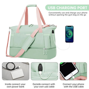 ETRONIK Gym Bag for Women, Travel Duffel Bag with USB Charging Port, Weekender Overnight Bag with Wet Pocket & Shoes Compartment for Women, Travel, Gym, Yoga (Green Pink) Medium Pink Green Rieworkes