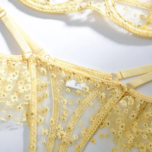 Yellow Floral Mesh Patchwork Underwear Set Rieworkes