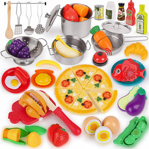 Pretend Play Kitchen Accessories- 64pcs Stainless Steel Play Pots Pans with Cutting Toy Food Toy Cookware Cooking Utensils Pretend Food Toy Pizza Toy Kids Kitchen Playset for Toddler Boys Girl Rieworkes