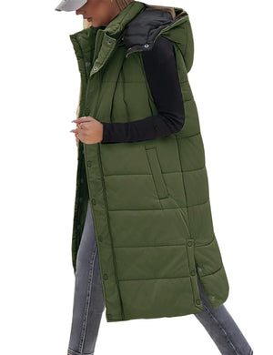 VXVGER Long Puffer Vest Women With Hood Sleeveless Down Vest Warm Jacket Winter Coat With PocketsArmy GreenS Mimarta