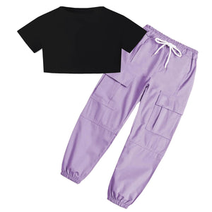 SANGTREE 2 Piece Outfits Girls Shirt + Cargo Jogger Pants With Multi Pockets Elastic Waist Black+ Purple 9-10Y = Tag 150 Mimarta