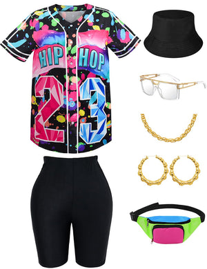 80s 90s Outfit for Women Hip Hop Costume Baseball Jersey Shirt Shorts Set 90s Outfits for Women Party 90s Woman Costumes Mimarta