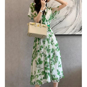 Women Summer Leaf Print Midi Dress Rieworkes