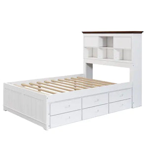 Solid Pine Captain Bookcase Bed With Trundle Bed And 3 Spacious Under Bed Drawers In Casual,Full, White Walnut Rieworkes