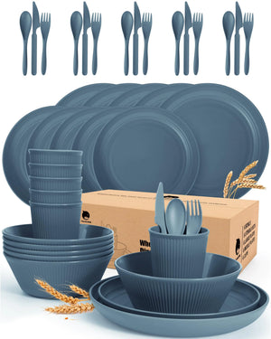 42 Pieces Kitchen Plates and Bowls Set - OAMCEG Plastic Dinner Set for 6 Plastic Wheat Straw Dinnerware Set College Dorm Microwave Dishes Unbreakable Plastic Outdoor Camping Dishes Dark Blue Mimarta