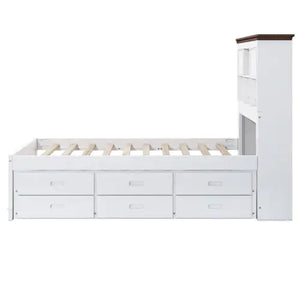 Solid Pine Captain Bookcase Bed With Trundle Bed And 3 Spacious Under Bed Drawers In Casual,Full, White Walnut Rieworkes