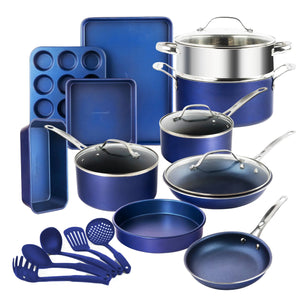 GRANITESTONE Blue 20 Pc Kitchen Pots and Pans Set Non Stick Cookware Set Kitchen Cookware Sets Granite Nonstick Cookware Set Diamond Coated Non Toxic Cookware Set Oven & Dishwasher Safe Rieworkes