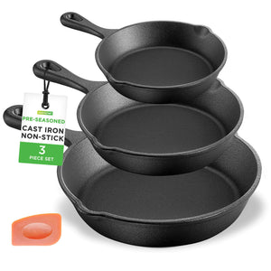 NutriChef Pre-Seasoned Cast Iron Skillet Pans - 3 Pieces Kitchen Frying Pan Nonstick Cookware Set w/Drip Spout - Includes Scraper - Electric Stovetop Induction Gas Range Ceramic - NutriChef NCCI76 Mimarta