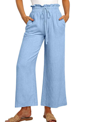 Elastic Waistband Lace-up Wide Leg Pants Solid Color Cropped Pants Rieworkes