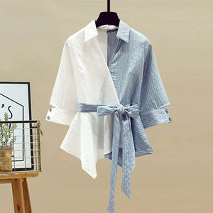 Stripe Blouse & Denim Pants Set Rieworkes