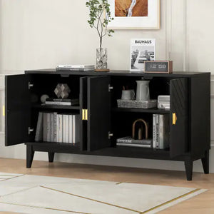 4-door Sideboard Storage Cabinet For Living And Dining Room, Two Large Cabinets With Gold Handle And Adjustable Shelves, Black Rieworkes