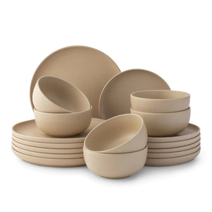 JoyJolt Mesa Stoneware Dinnerware Set 18-Piece Plates and Bowls Sets Includes Dinner Plates Salad Plates and Cereal and Soup Bowls Modern Farmhouse Matte Beige Dish Set for 6 Rieworkes