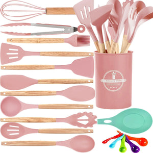 FURNIFE Kitchen Utensils Set 446°F Heat Resistant Cooking Utensils Set Silicone Spatula Set for Cooking Wooden Handle Silicone Kitchen Gadgets Kitchen Tools for Nonstick Cookware (Light Pink) Mimarta