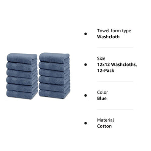Resort Collection Soft Washcloth Face Body Towel Set 12 Pack Blue 12x12 Luxury Rieworkes