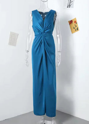 Knotted Evening Long Dress Women V-neck Sleeveless High Waist Split Solid Party Bodycon Dresses Rieworkes