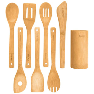 Bamboo Kitchen Utensils Set 8-Pack - Wooden Cooking Utensils for Nonstick Cookware - Wooden Cooking Spoons, Spatulas, Turner, Tongs, Utensil Holder Rieworkes