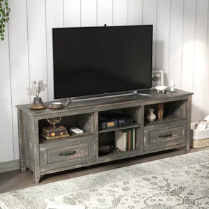 70 Inch Length TV Stand For Living Room And Bedroom, With 2 Drawers And 4 High-Capacity Storage Compartment, Black Pine Rieworkes