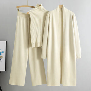 Women's 3-Piece Knit Set: Sleeveless Vest, Long Cardigan, and Wide-Leg Pants Rieworkes