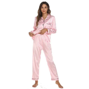 Two Piece Set Pajamas for Women Striped Satin Silk Sleepwear Rieworkes