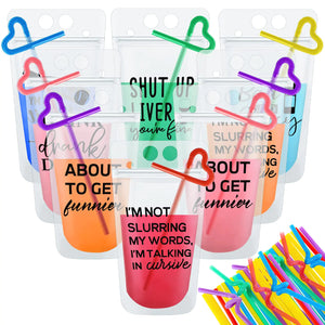 Patelai 24 Sets Drink Pouches with Straws Plastic Drink Bags with Reclosable Zipper Party Beverage Bags Juice Pouches for Adults(Black Letters) Mimarta