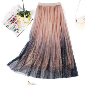 High-Waisted Pleated Skirt with Gradient Mesh Design Mimarta