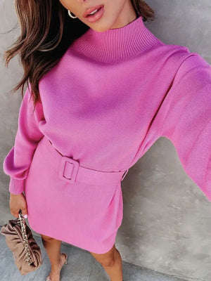 Elegant Turtleneck Sweater Dress with Belt Rieworkes