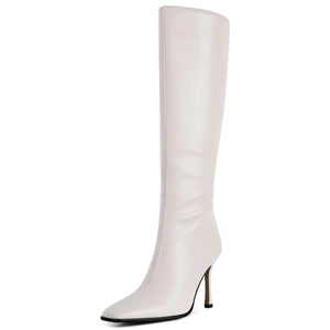 Phefarer Knee High Boots Women Tall Long White Fall Winter Boots 3.74 In Stiletto Heel Sexy Fashion Leather Side Zipper Square Toe Size 7 Mimarta