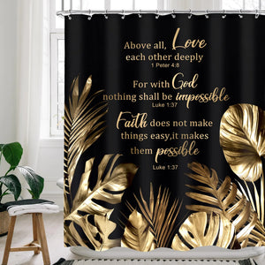 Cinbloo Black Gold Shower Curtain 72Wx72H Modern Christian Shower Curtain Tropical Shower Curtain Bible Verse Monstera Quotes Bathroom Curtain Set Palm Leaves Bathroom Decor Fabric with 12 Hooks Mimarta